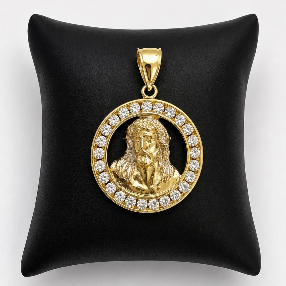 10K 10KT Yellow Gold Cubic Zirconia Jesus Round Men’s Pendant
